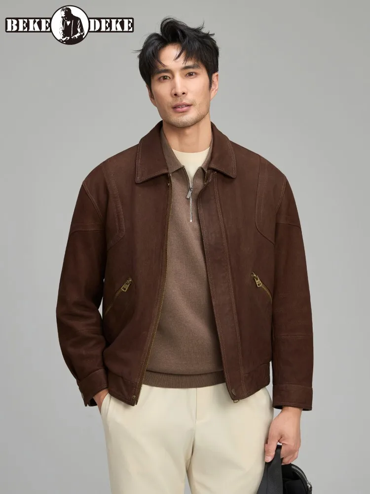 

Vintage Suede Goatskin High Quality Outerwear Mens Genuine Leather Jacket Turndown Collar Streetwear Casual Cargo Short Coat