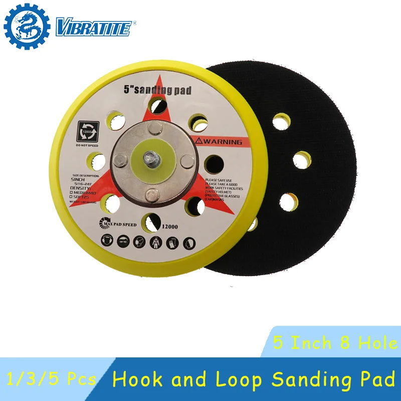 

5 Inch 125mm 8 Holes Hook and Loop Backing Pad 1/3/5 Pcs 5/16"-24T for Air Orbital Sander Polishing and Sanding Metal Car Body