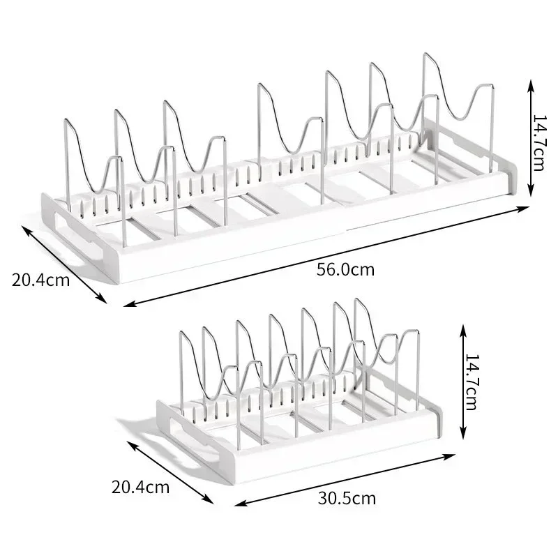 Rozšiřitelná miska držák pans organizátor držák nastavitelný přihrádek miska úložný držák hrnec kryt organizátor kuchyň náčiní držák