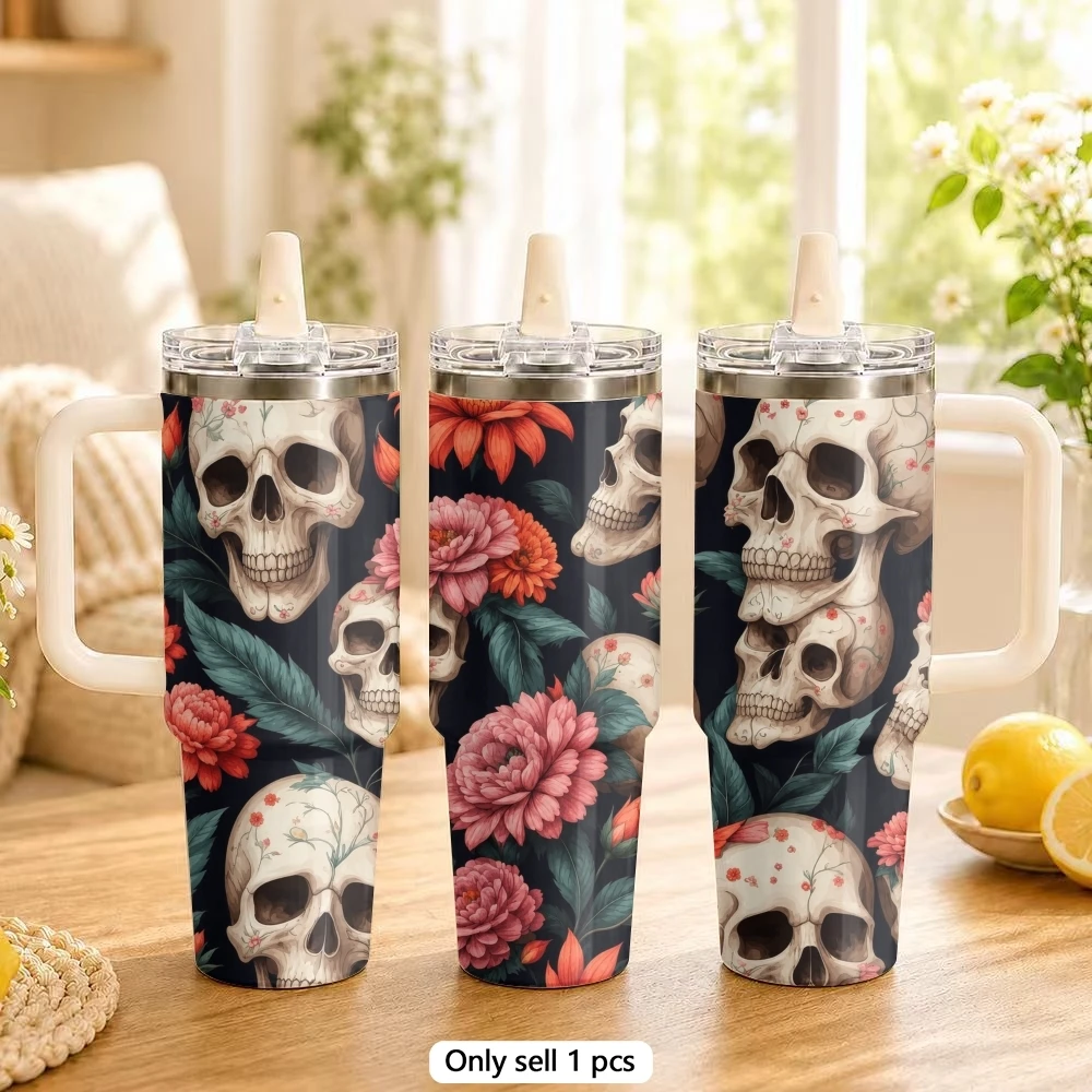 Skeleton Flowers Vacuum Flasks 40oz Stainless Steel Tumbler with Handle Straw Lid Vacuum Insulated Double Wall Leak Proof