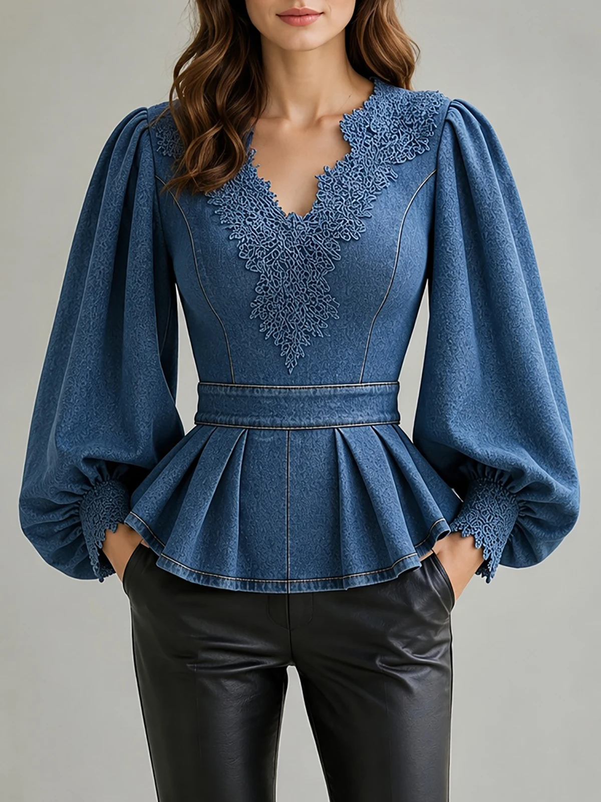 Women Denim Embroidery Peplum Blouse Crochet Lace V Neck Puff Lantern Long Sleeve Flared Hem Vintage High Street Party Shirt Top