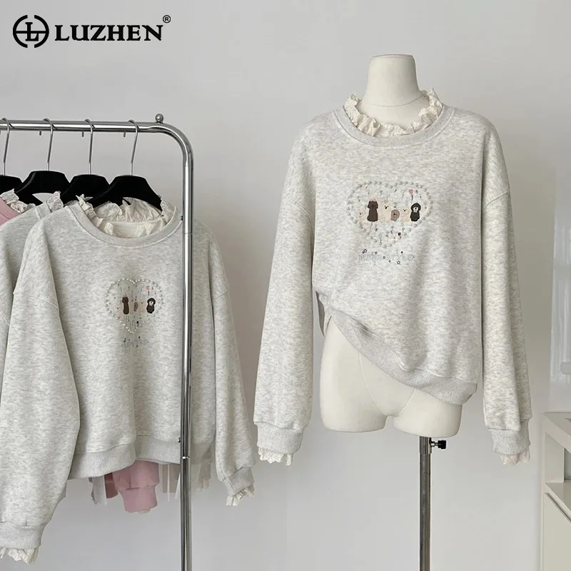 LUZHEN 2024 New Round Neck Loose Long Sleeve Sweatshirt Women's Fashion Warm Liner Pearl Decorate Pullover Female Clothes AA2833