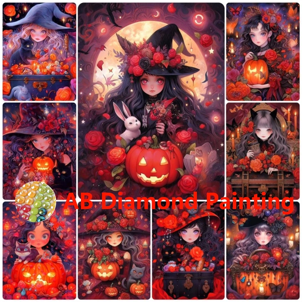 AB DIY Diamond Painting Pumpkin Girl Square 5D Embroidery Cartoon Girl Landscape Mosaic Rhinestone Picture Hallowen Home Decor