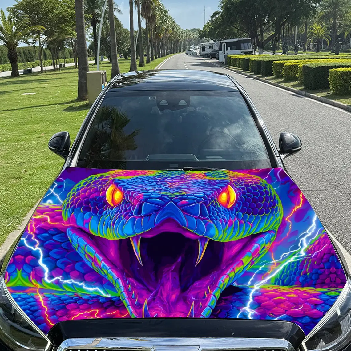 

Fantasy Colorful Lightning Snake Car Vinyl Wrap, PVC Material Waterproof Car Hood Sticker, Self-Adhesive Scratch-Resistant Stick