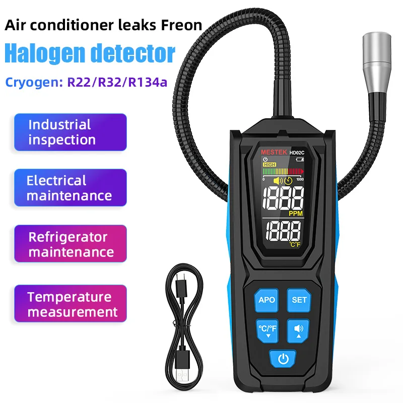 

HD02C 0–1000PPM Halogen Leak Detector R22/R32/R134a Gas Detector Analyzer Rechargable Refrigerant Gas Air Conditioning Tester