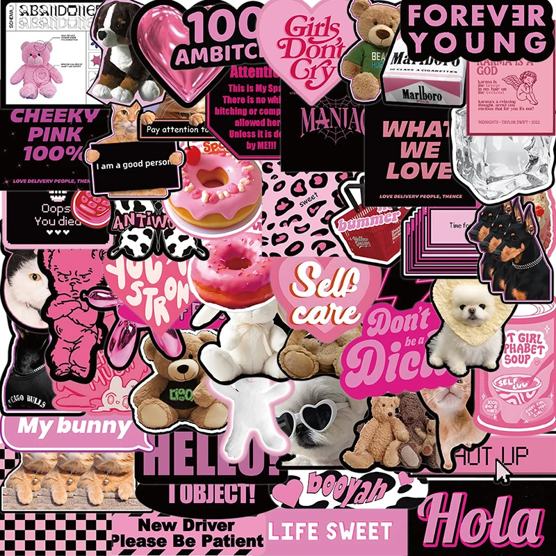 

10/30/55PCS Kawaii Black Pink English PVC Sticker Aesthetic DIY Hand Accounting Decoration Scrapbooking Stationery Supplies