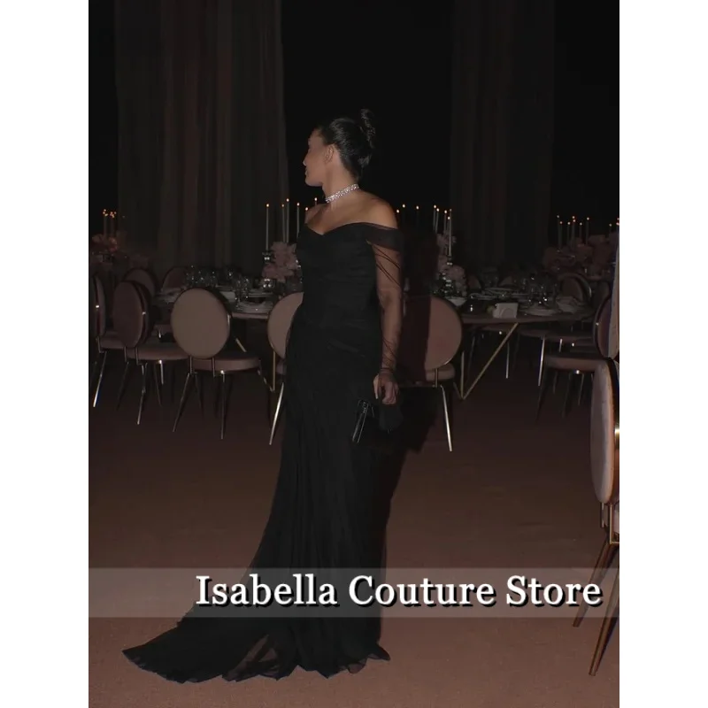 Czarna tiulowa suknia wieczorowa z odkrytymi ramionami, krój syreny, na formalne okazje, z trenem, arabskie suknie balowe, szyta na miarę.