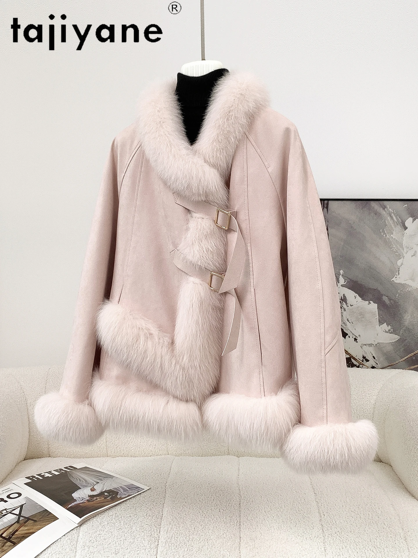 TAJIYANE Vossenbont Suède Jas Vrouwen Elegante Ganzendons Jassen Hoge Kwaliteit Vrouwelijke Outerwears 2025, Winter Vrouw Kleding ropa mujer