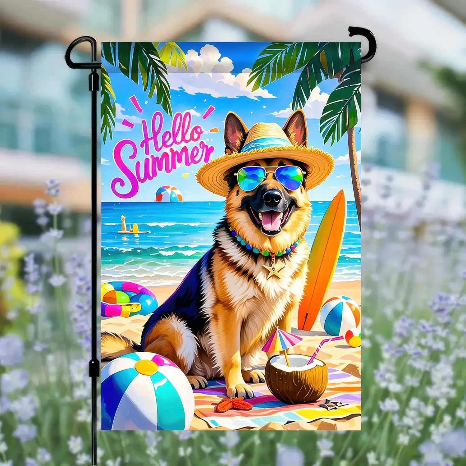 مرحبا الصيف شاطئ حديقة العلم كلب الراعي الألماني علم الشاطئ الاستوائي 12x18 بوصة مزدوجة الوجهين ساحة علم صغير للخارج H LLE