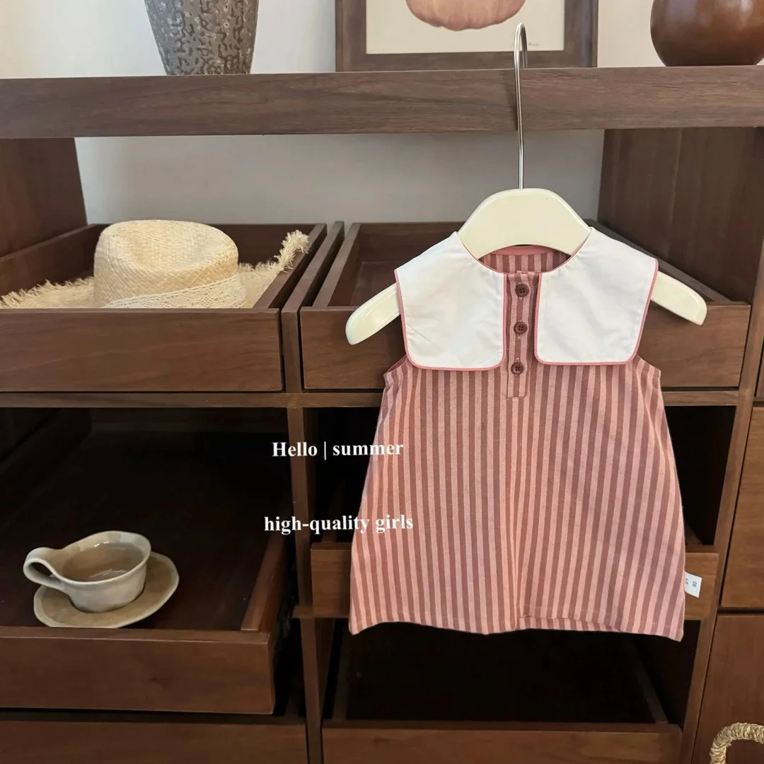 

Baby Girls Sleeveless Striped Dress Lapel Cute round Ball Summer New College Style