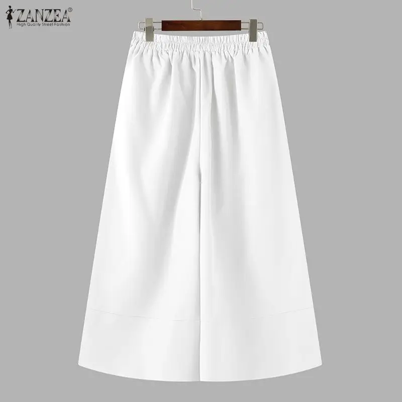 ZANZEA Plus Size 5XL Women Wide Leg Capris Pants Elastic Back Waist Loose Calf-Length Trousers Casual Commute Work Woman Bottoms view 3
