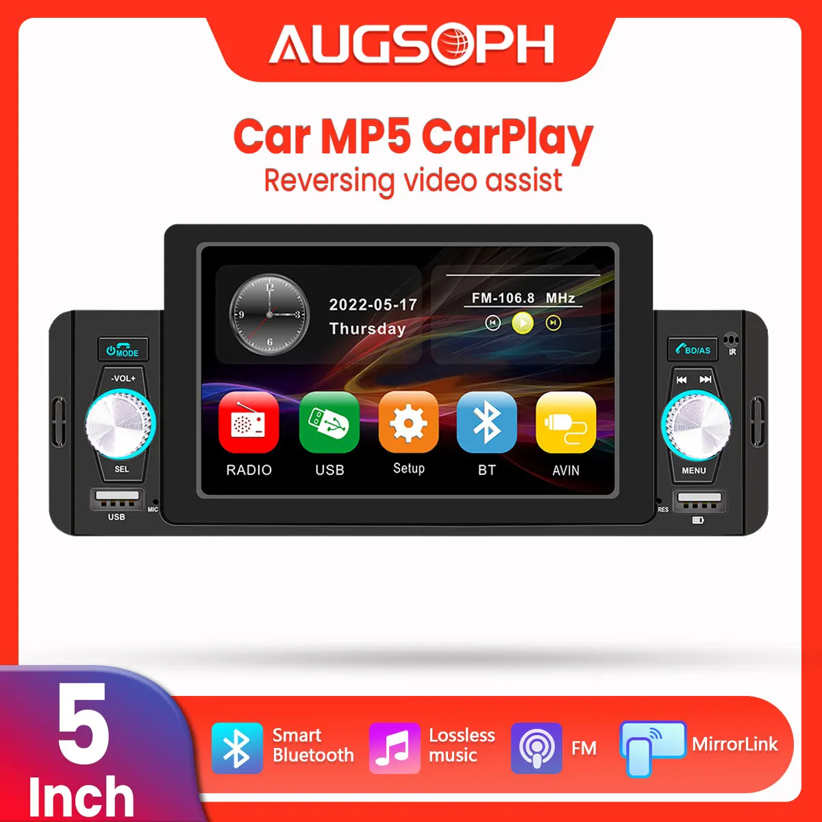 

1Din Car Radio Multimedia MP5 Player,5 inch Universal Navigation with Android Auto & Bluetooth, HD Screen USB TF FM Stereo