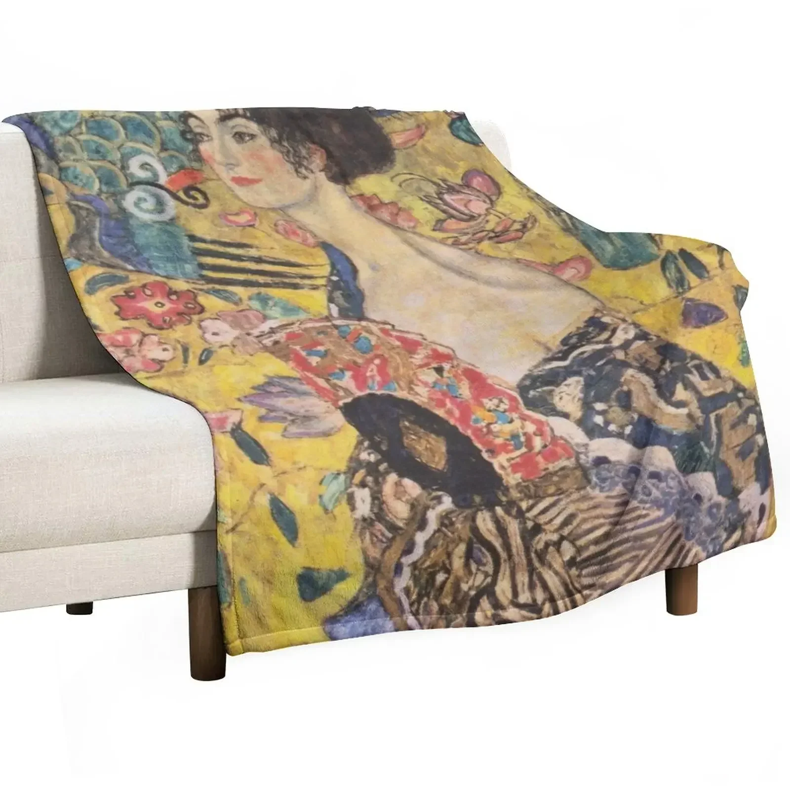 

Lady with Fan by Gustav Klimt- Art Nouveau Symbolism Throw Blanket Decorative Sofa Polar Flannel Blankets