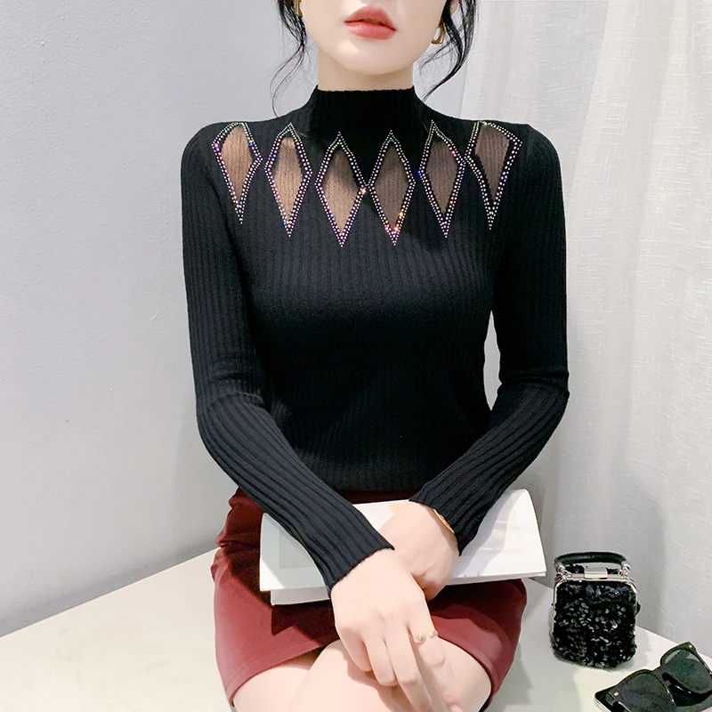 #4319 Black Beige Knitwear Pullover Sweater Women Split Joint Mesh Diamonds Skinny Short Stretch Sweater Ladies Autumn Winter