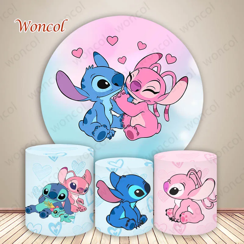 Disney Stitch And Angel Round Backdrop Child Birthday Baby Shower Backdrop Lilo & Stitch Round Cylinder Cover Decor Studio Prop