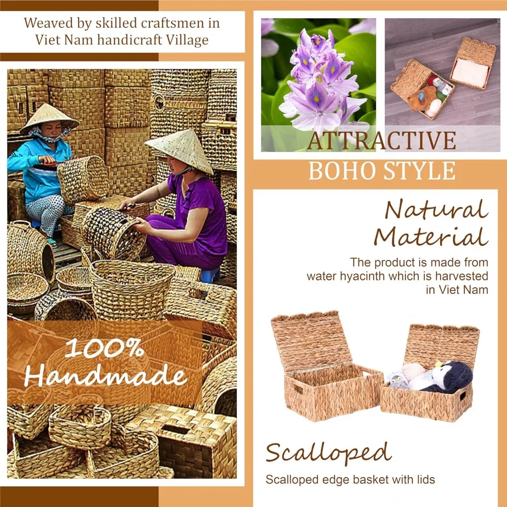 سلة تخزين مستطيلة من الخيزران مع حواف وأغطية صدفية، منظم روطان متعدد الأغراض بمقابض مدمجة #6