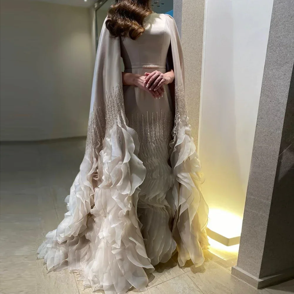 Luxury Beads Evening Dresses with Cape Sleeves Fashion O-Neck Ruffles Mermaid Party Gowns Exquisite Sweep Train Prom Dresses