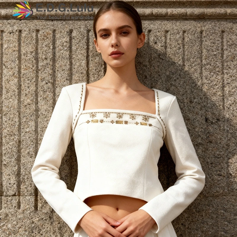 

EDGLuLu French Vintage Square Collar Embroidered Floral White Top Woman Long Sleeved Irregular Short Jacket Top 1018