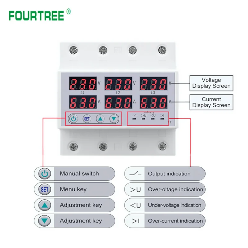 3 Phase 63A 100A Din Rail Voltmeter Ammeter Adjustable Over and Under Voltage Current Limit Protector Monitor Relays Protection