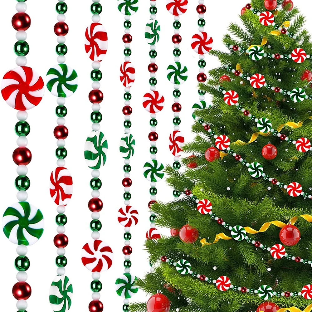 2.4M Christmas Candy Garland Peppermint Red Green Beaded String Hanging Christmas Tree for Fireplace Wreath DIY Party Home Decor