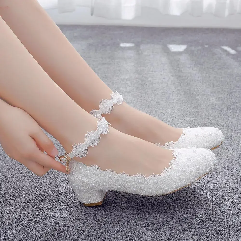 Women 3CM High Heels White Lace Pearl Wedding Shoes Sexy Bride Party  Pointed Toe Shallow Mouth Pumps Shoe Bridesmaid  Pink