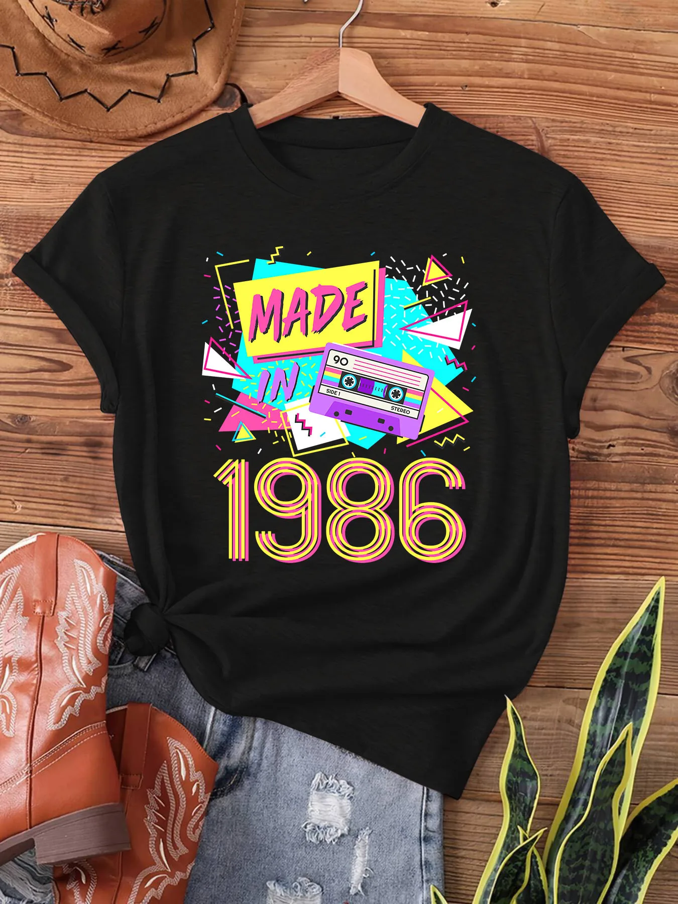 Vintage T-Shirt „Made in 1986“ für Damen und Herren, Retro 80er-Jahre-Grafik-T-Shirt, Kassettenband, Geburtstagsgeschenk, kurzärmelig, Sommer-Freizeitoberteil