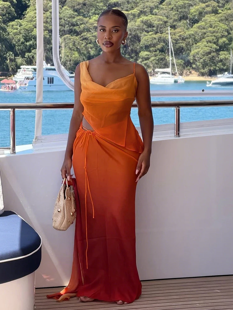 

Whatiwear 2Piece Set Woman Vacation Low-Neck Backless Irregular Shape Camisole+Lace-Up Waist See Through Skirt Beach Style Suits