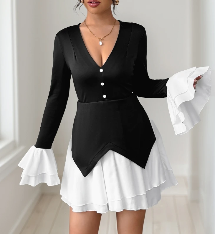 

Elegant Ladies' Temperament Long Sleeved Contrasting Dress V-Neck Button Contrasting Design Flared Sleeves A-Line Slim Fit Dress