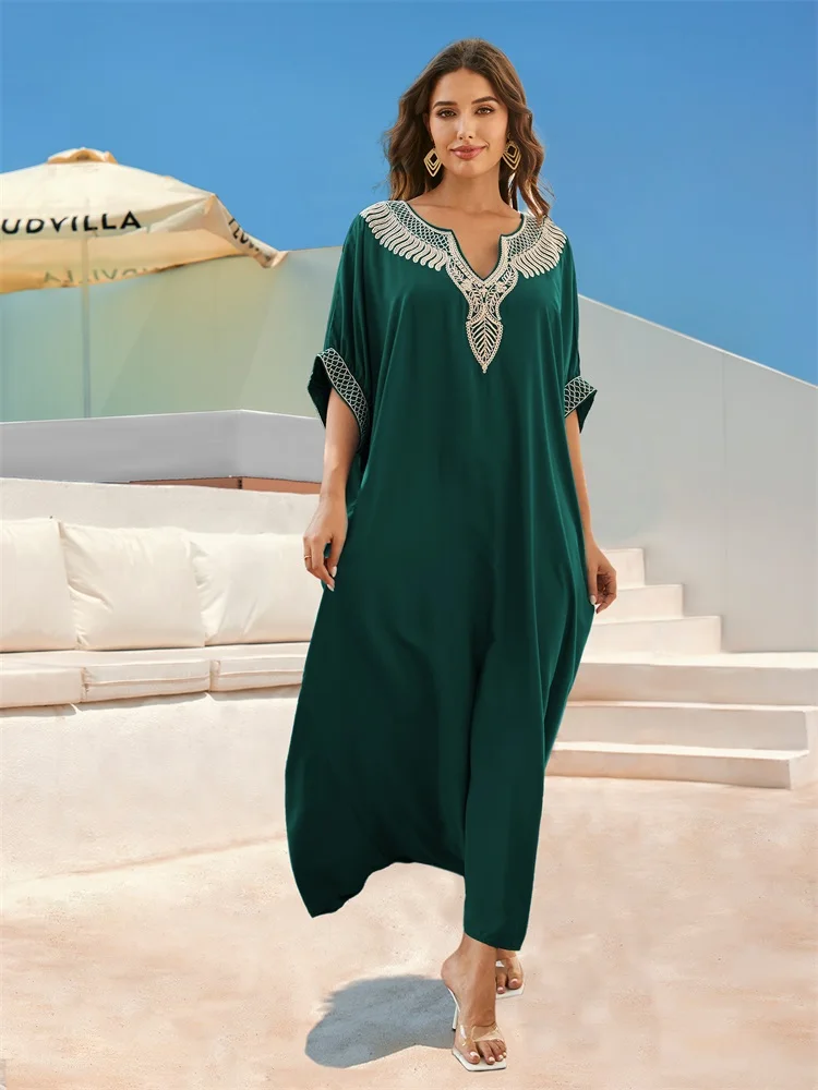 Vintage Chic Embroidered Robe V Neck Lantern Sleeve Kaftan 2024 New Green Long Dress Beach Swimwear Coverup Cozy Homewear Outfit