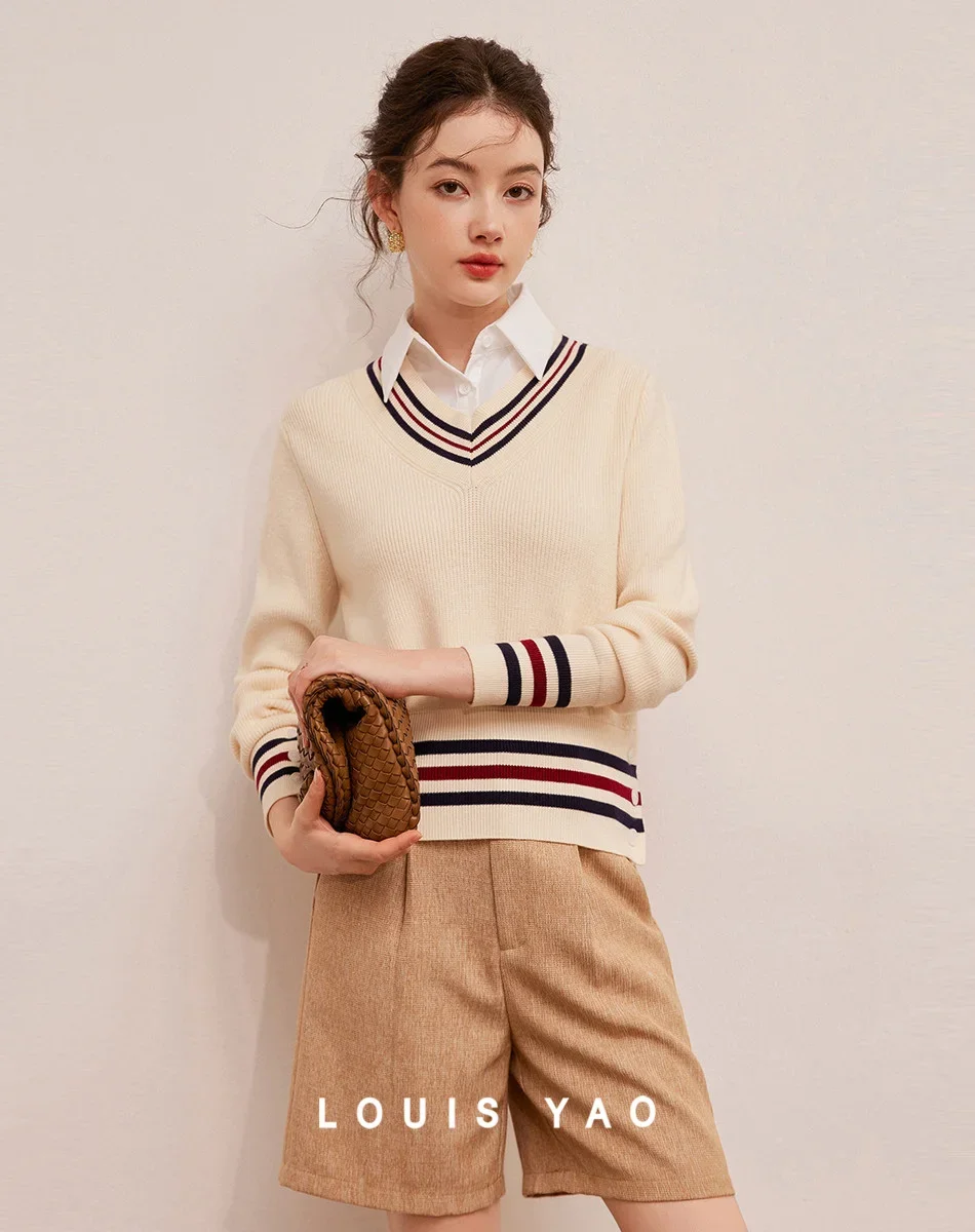 

LOUIS YAO 2024 Autumn V-neck Contrasting Striped Casual Fashion Micro Elastic Pullover Shoulder Down Women's Knitted Sweater