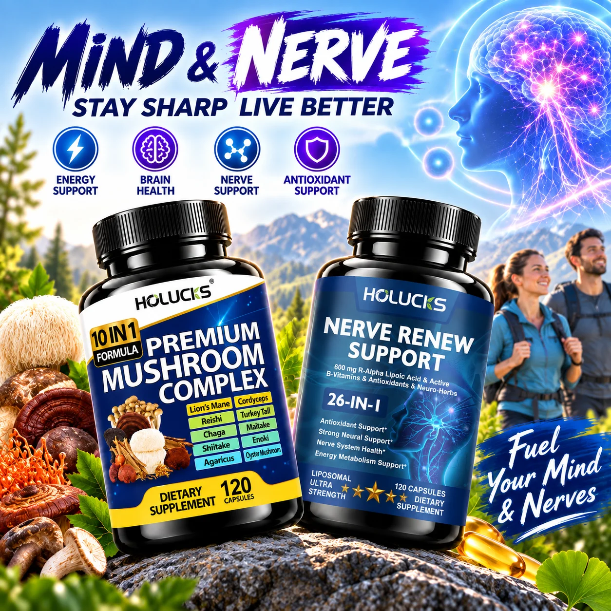 Brain & Nerve Support Supplement, Antioxidant, Boost Focus & Memory, Mental Clarity, Nerve Wellness, Stress Relief, For Adults