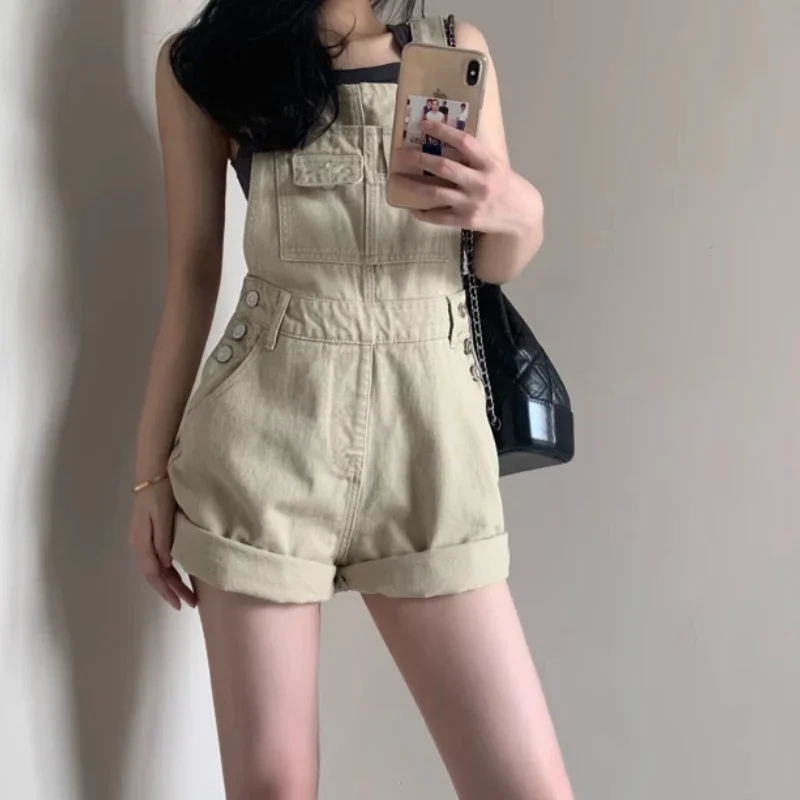 

Y2k Fashion Cowboy Strap Shorts Women's Summer Denim Shorts Jumpsuit High Waist Loose Curled Edge Fresh and Cute Wide Leg Jeans