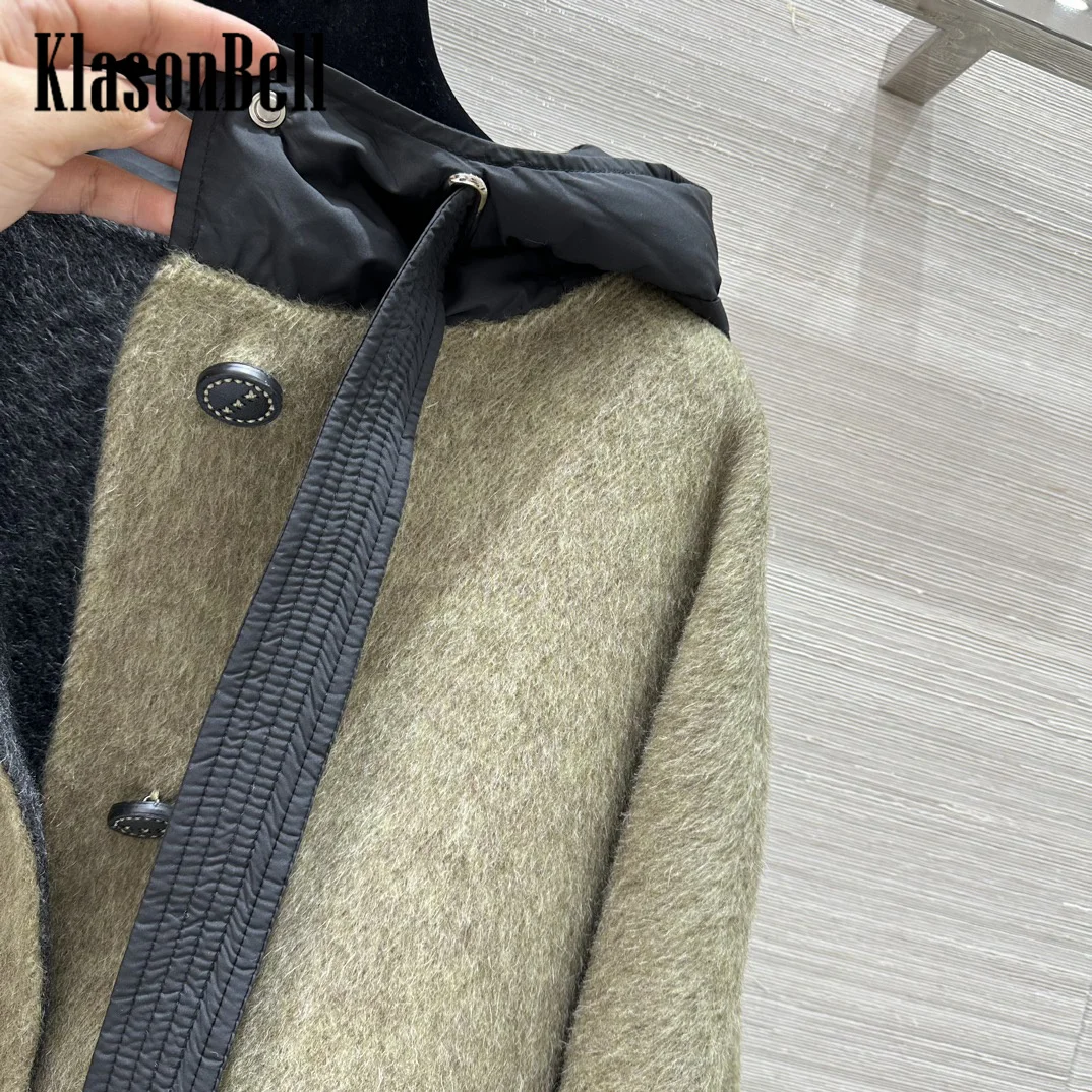 9.25 KlasonBell Women Double-Sided Wool Short Coat Vintage Down Hooded Spliced Woolen Loose Batwing Sleeve Cloak Outerwear