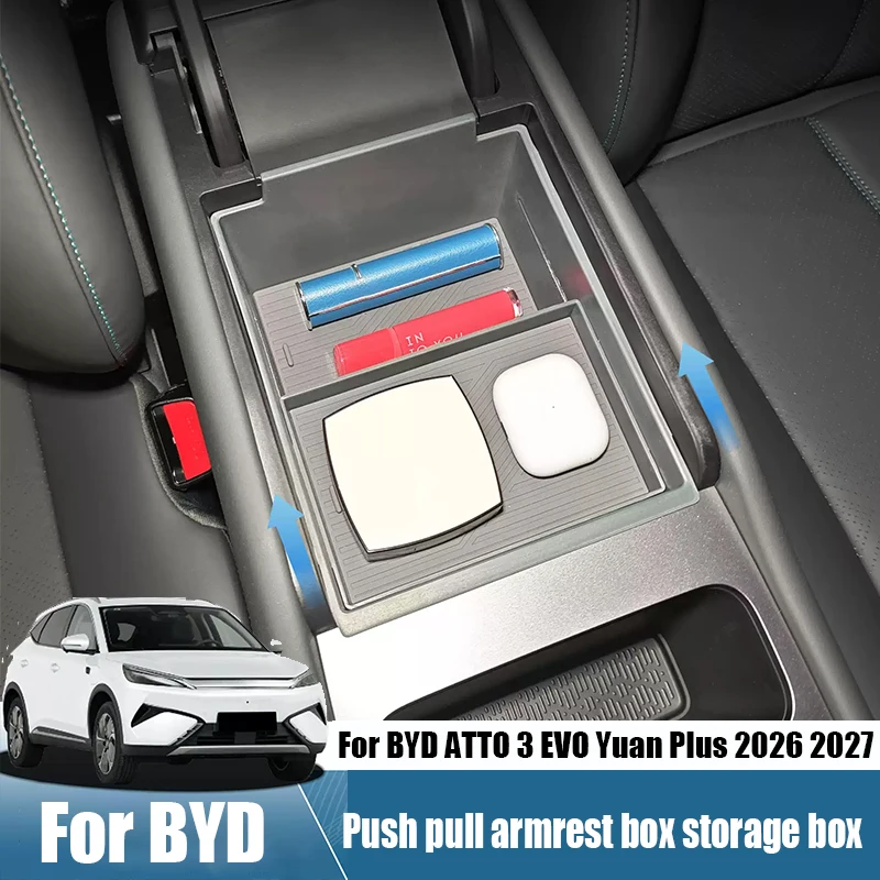 For BYD ATTO 3 EVO Yuan Plus 2025 2026 Push pull armrest box storage box ABS material interior supplies