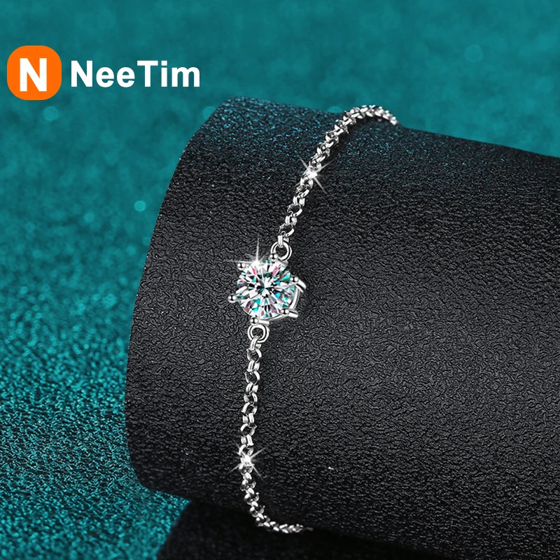 NeeTim 1ct Moissanite Bracelets for Women Girl 925 Sterling Silver with Gold Plated Lab Diamond Bracelet Party Fine Jewelry Gift