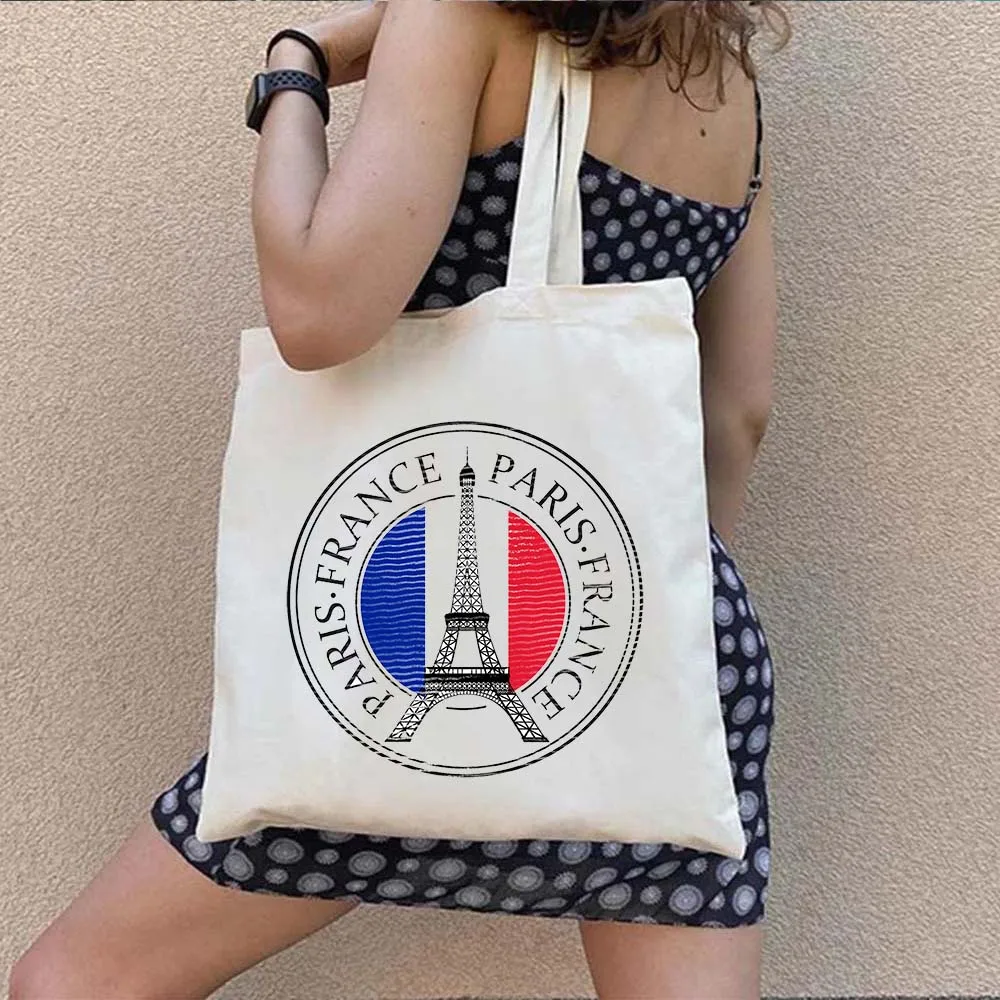 Vintage Rainbow Pop Art France Paris Eiffel Tower Shopper Canvas Tote Bag Retro Sunset French Love Heart Women's Cotton Handbags