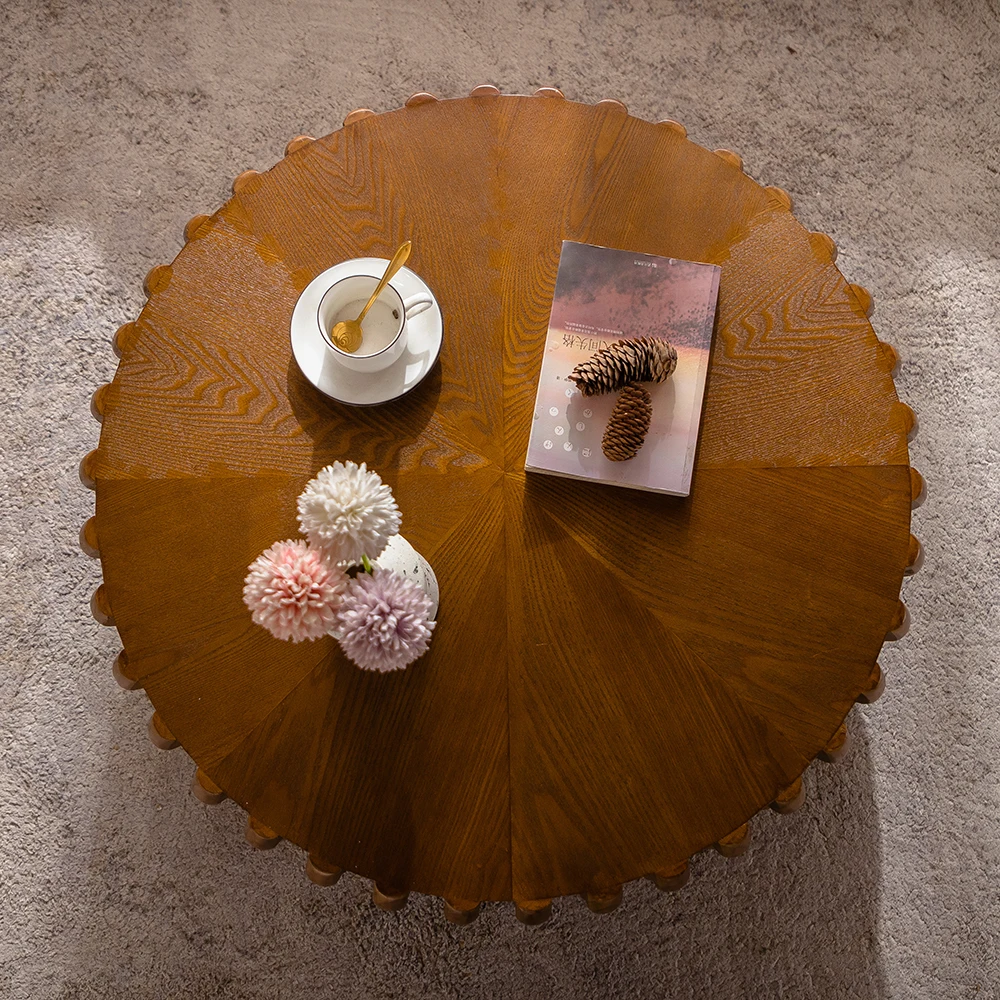 37.4 inch wavy round coffee table solid wood, modern style groove drum center table, suitable for living room apartment