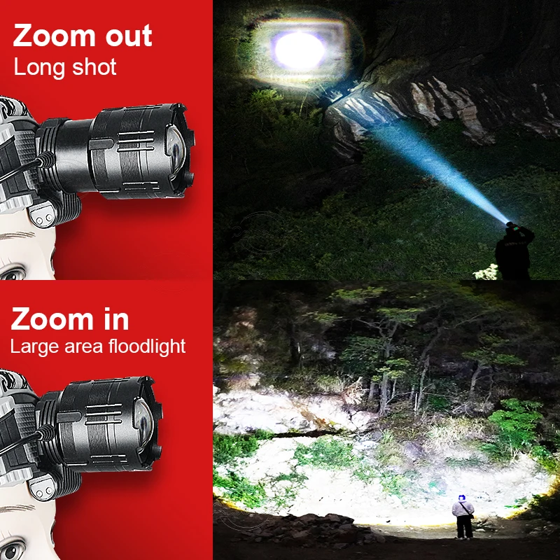 Zoomable XHP99 Headlamp Rechargeable LED Telescopic Zoom Headlight 4 Modes Outdoor Fishing Light Head Flashlight Camping Lantern