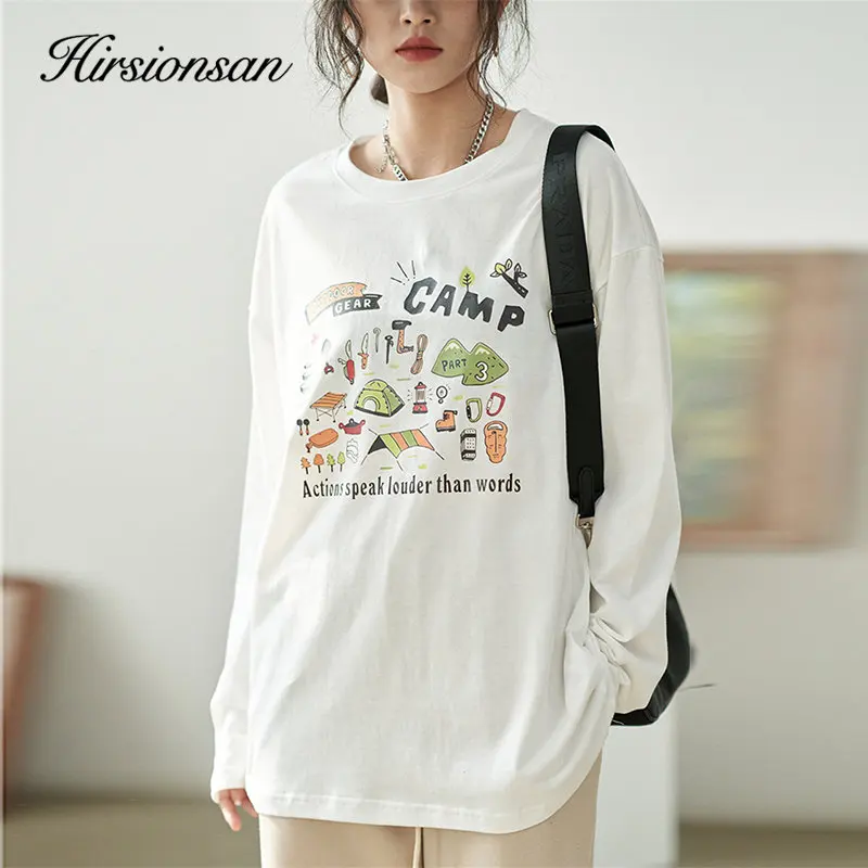 

Hirsionsan Cute Cartoon Printed O-neck T-shirts Women Vintage Cotton Loose Long-sleeved T-shirt Female Spring Minimalist Tops