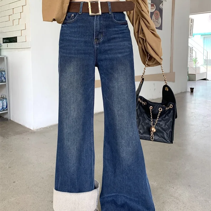 

Ретро с высокой талией и широкими штанинами на подкладке, повседневные прямые джинсы, женские осенне-зимние новые свободные универсальные брюки длиной до пола