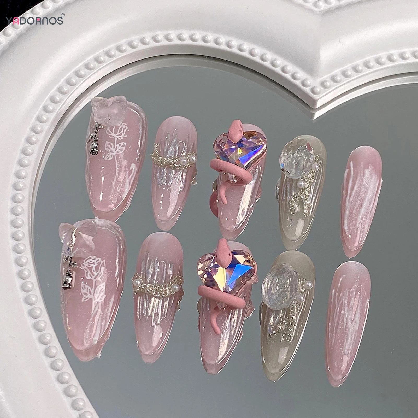 10Pcs Pink Handmade Fake Nails Almond Full Cover Press on Nails Tips Rhinestone Design Wearable False Nails Tips for Women Girls