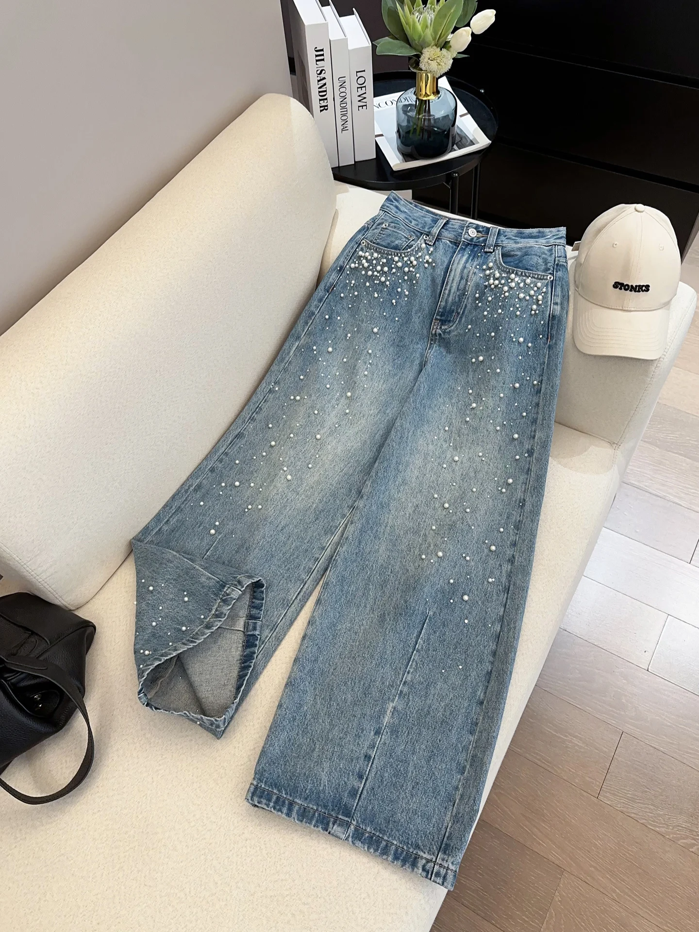 

Love Bursting Wide Leg Denim Jeans Women's High Waist Blue Cotton Pearl Embellished Straight Cut Resistant to Deformation