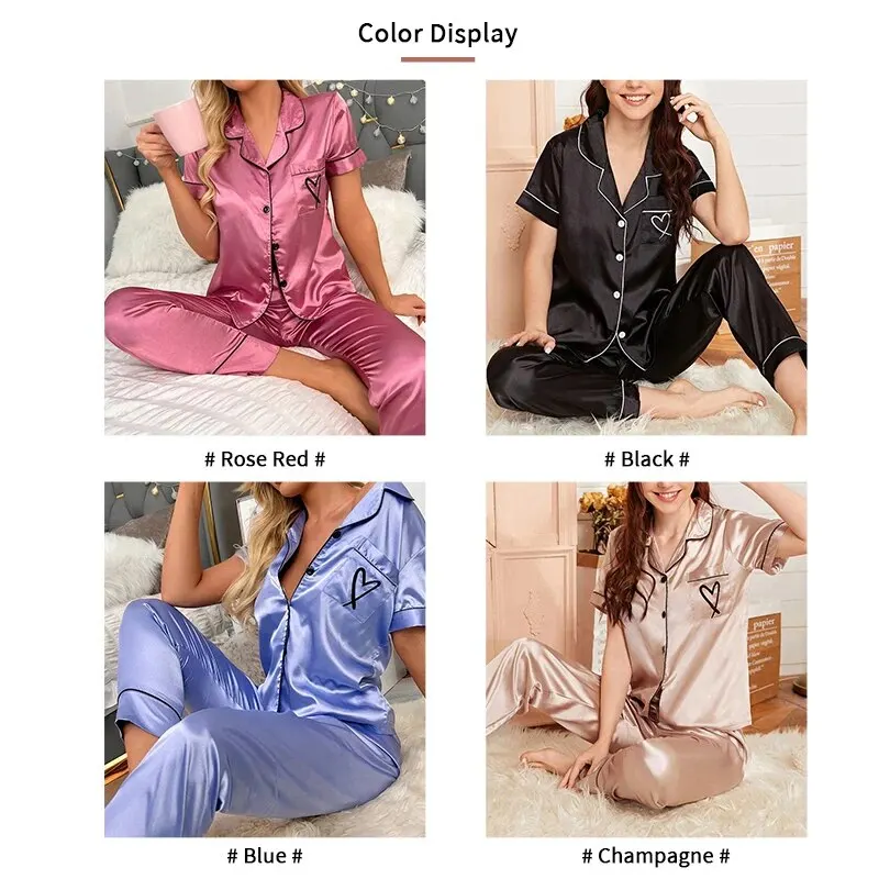 Women\'s Pajama Pocket Heart Embroidered Pajama Set Satin Comfortable Short Sleeve Button Pajama Lounge Pant For Women Sleepwear