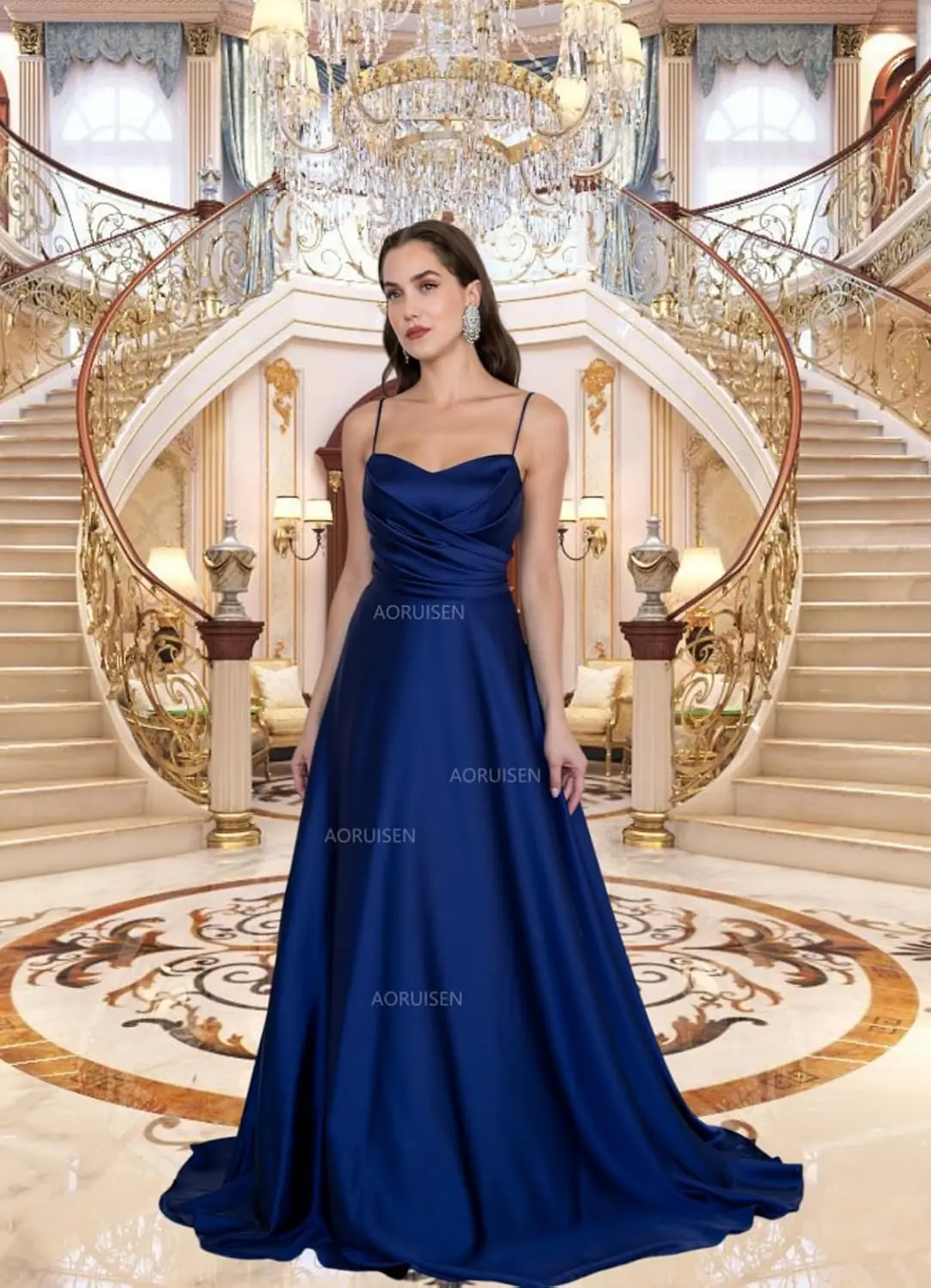 スパゲッティストラップサテンプロムドレス女性用ラッシュロングボールガウンAラインフォーマルガウン2025イブニングドレス