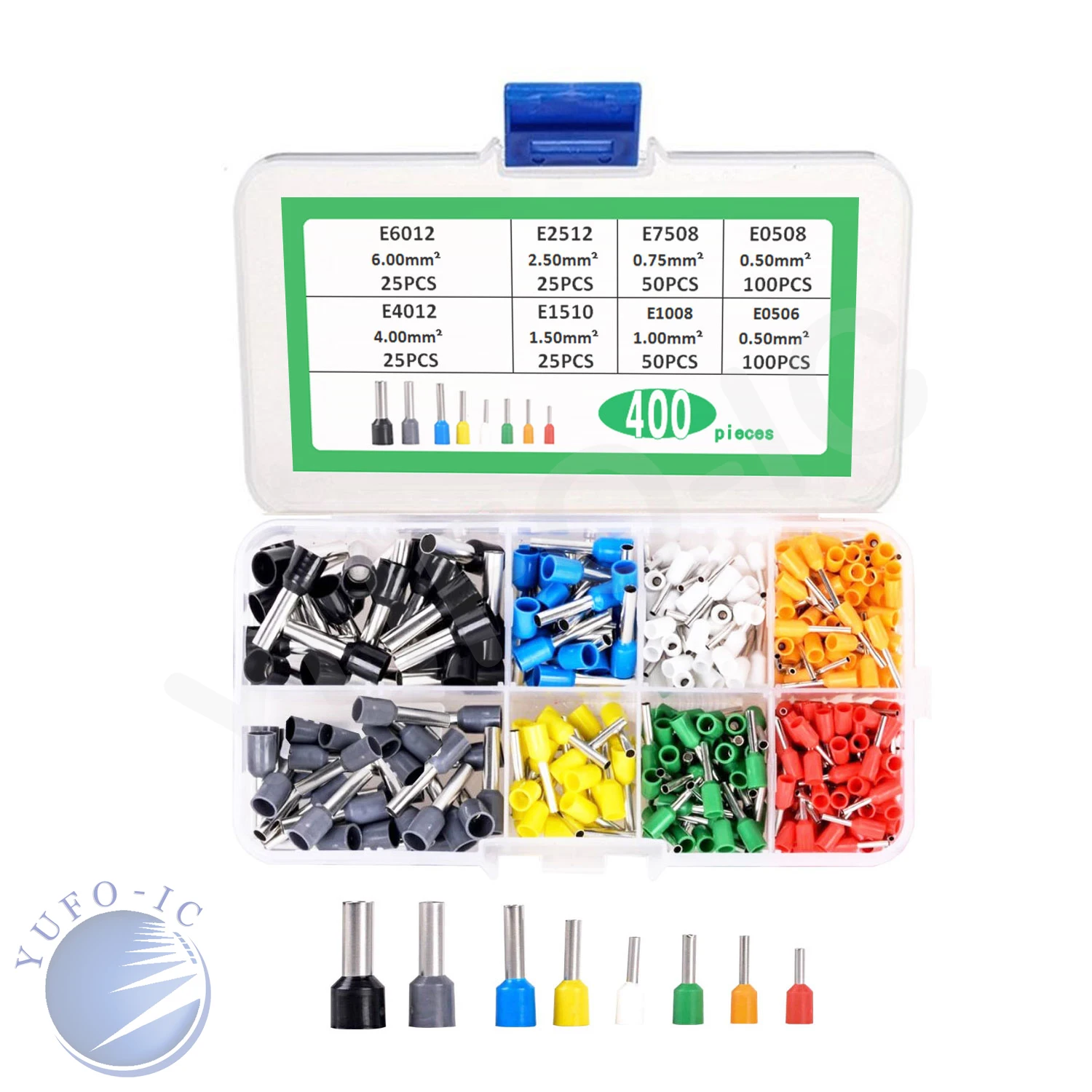 400 قطعة E0506/E0508/E7508/E1008/E1510/E2512/E4012/E6012 الحلقات المعزولة محطة كتلة الحبل نهاية سلك تجعيد المنهي عدة صندوق