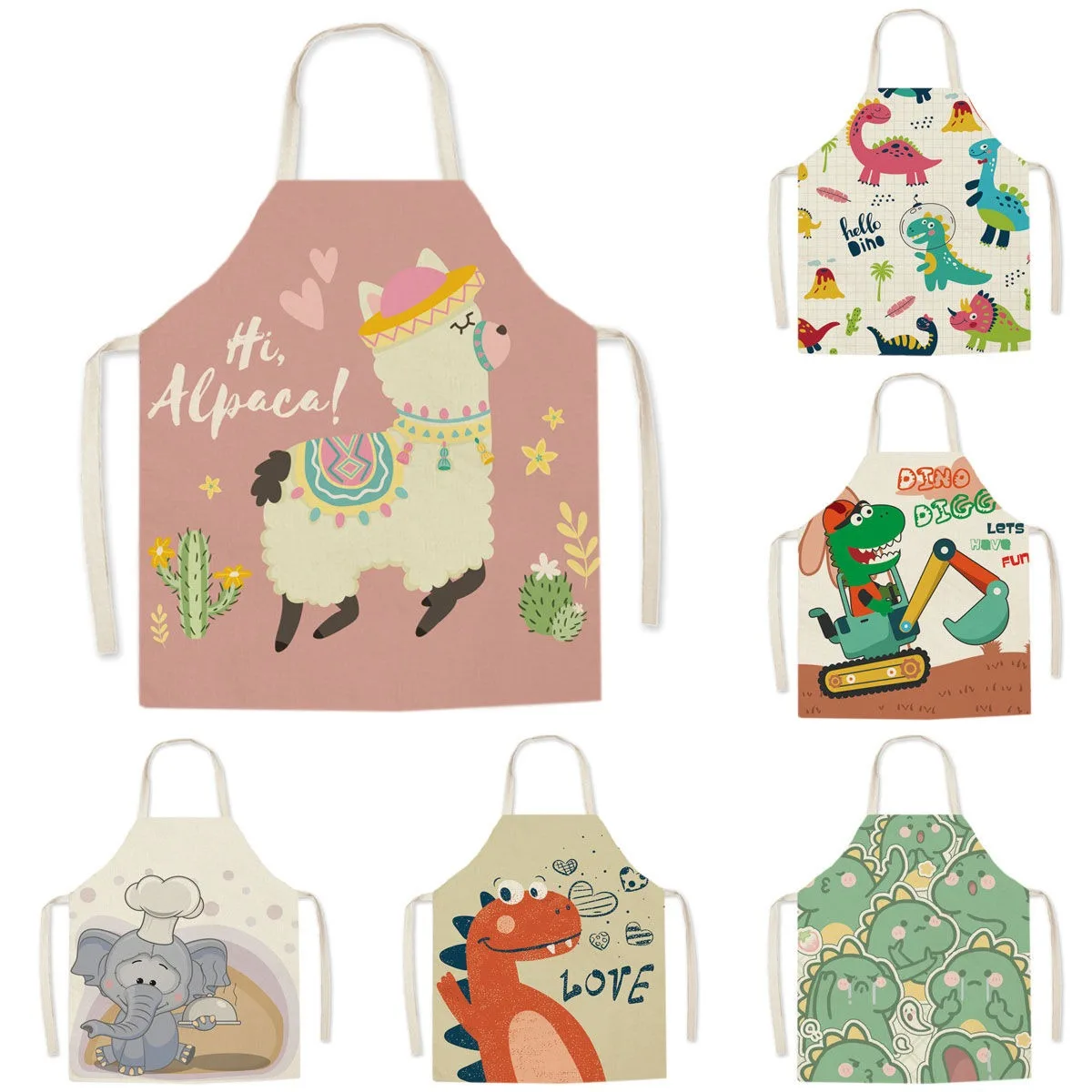 Cartoon cute animal pattern printed linen sleeveless apron home cleaning anti-oil and anti-fouling bib kitchen cooking apron