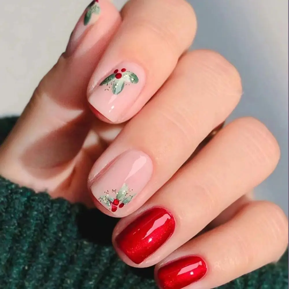 Fashion Long Square False Nails French Full Cover Fake Nials Red Flowers Detachable Press on Nails DIY