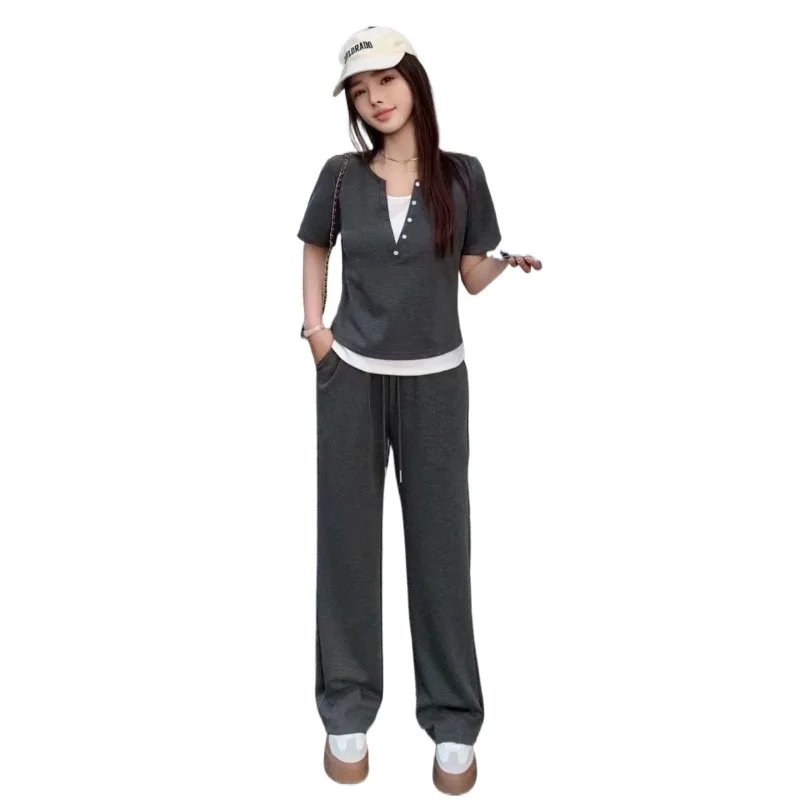 

Plus size casual suit fake two piece top wide leg pants suit loose and comfortable