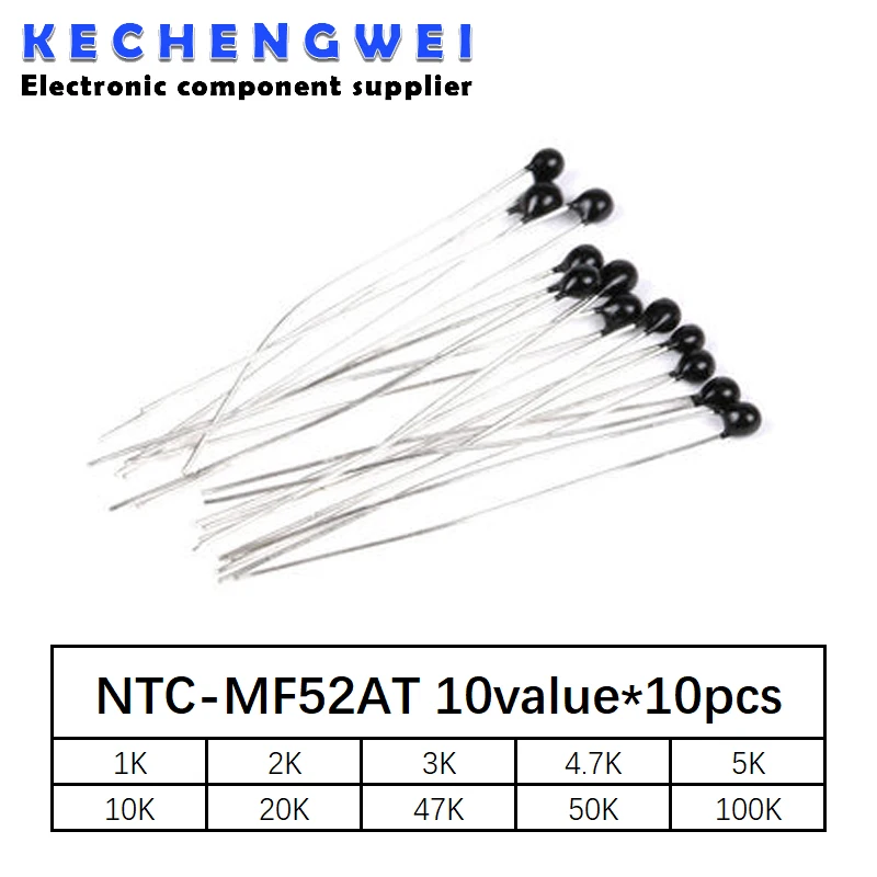 100pcs=10value*10pcs NTC Thermistor Resistor Kit NTC-MF52AT 1K 2K 3K 4.7K 5K 10K 20K 47K 50K 100K +-5% 3950B