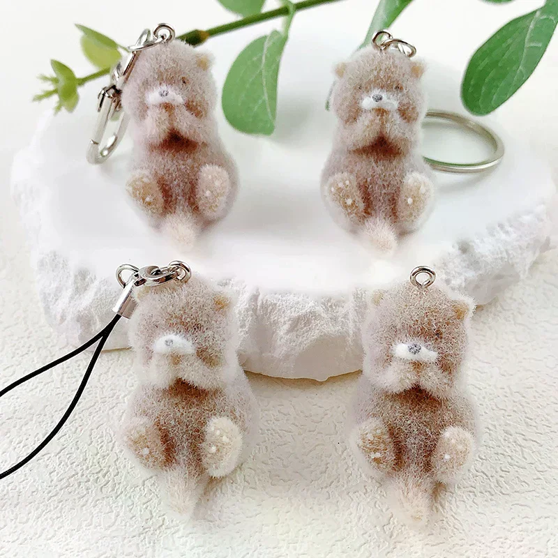 Niedlicher 3D Beflockter Otter-Anhänger Süßer Cartoon-Schlüsselanhänger Taschenanhänger Schlüsselring Hängende Dekoration DIY Schlüsselzubehör